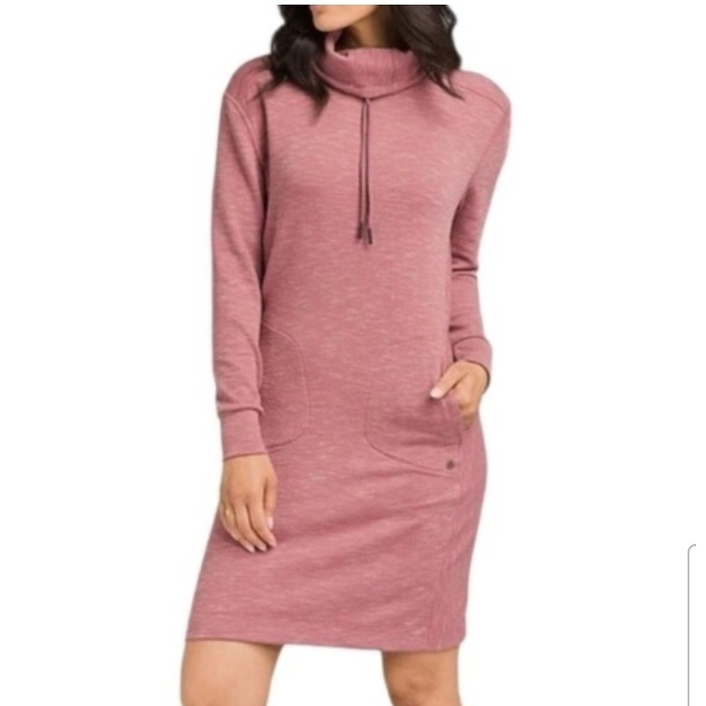 Prana Sunrise Sweatshirt Dress Size L  Cowl Neck Pink Heathered Pockets Gorpcore